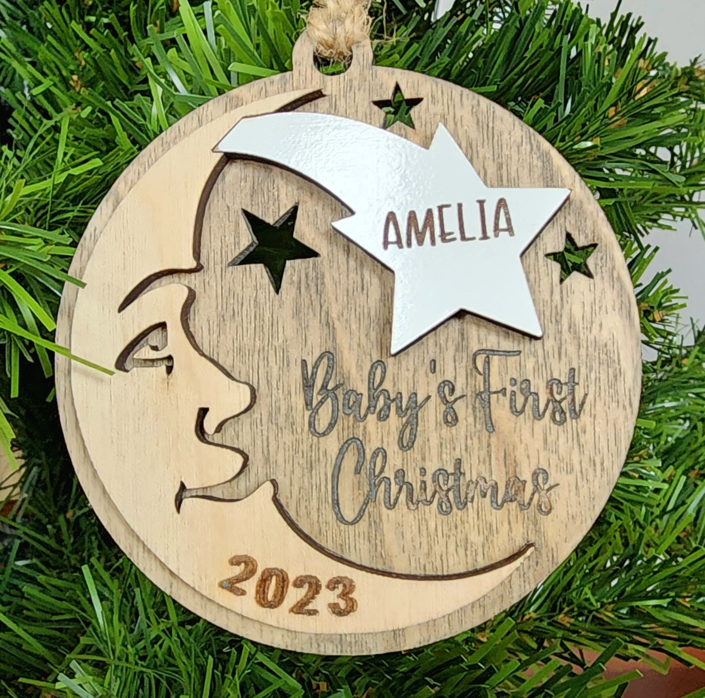 CHRISTMAS ORNAMENT Baby's First Christmas Moon shooting star