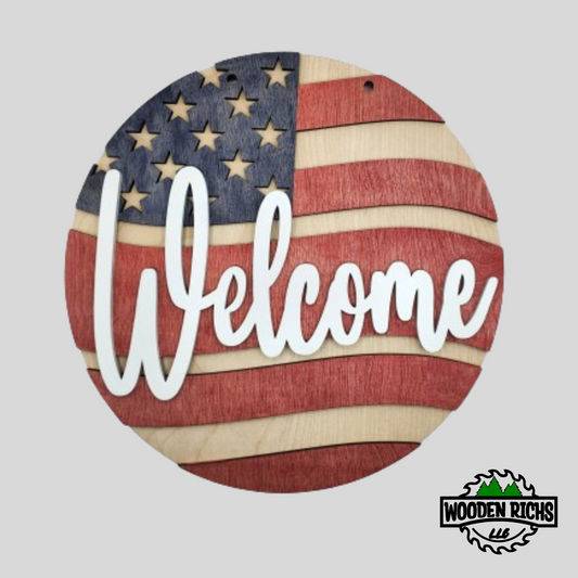 Welcome American Flag door hanger, Patriotic doorhanger, Wooden sign, 3D layered wooden sign, Wreath, 4th of july door hanger