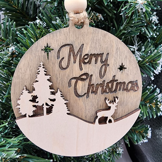 Merry Christmas Ornament With Deer and Trees