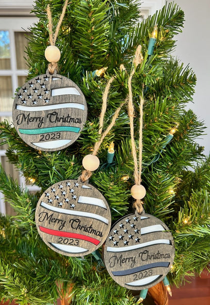 American Flag Christmas ornament Police, Firefighters, and Armed forces